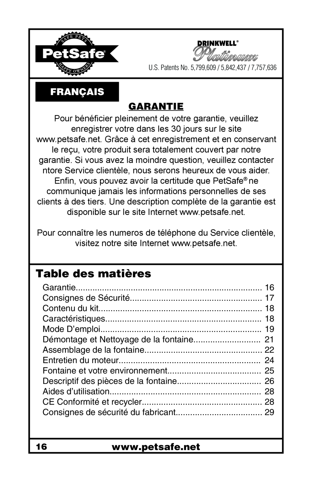 Petsafe 400-1255-19 manuel dutilisation Table des matières, Français, Garantie 