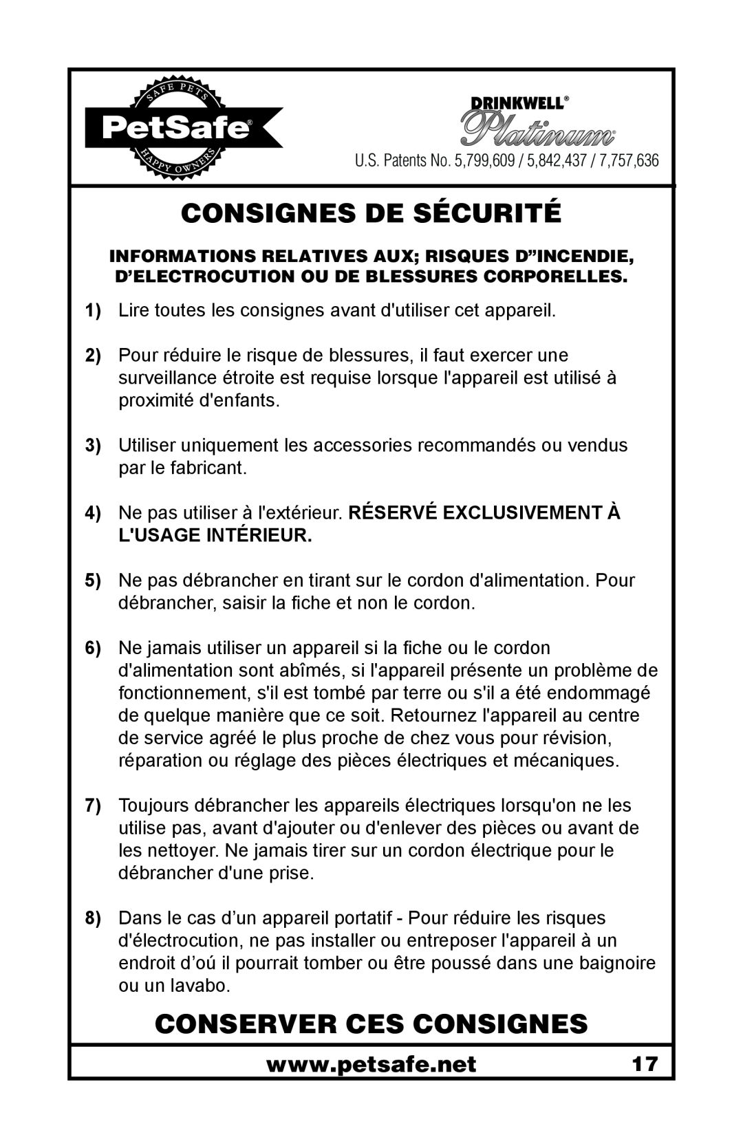 Petsafe 400-1255-19 manuel dutilisation Consignes De Sécurité, Conserver Ces Consignes, Lusage Intérieur 