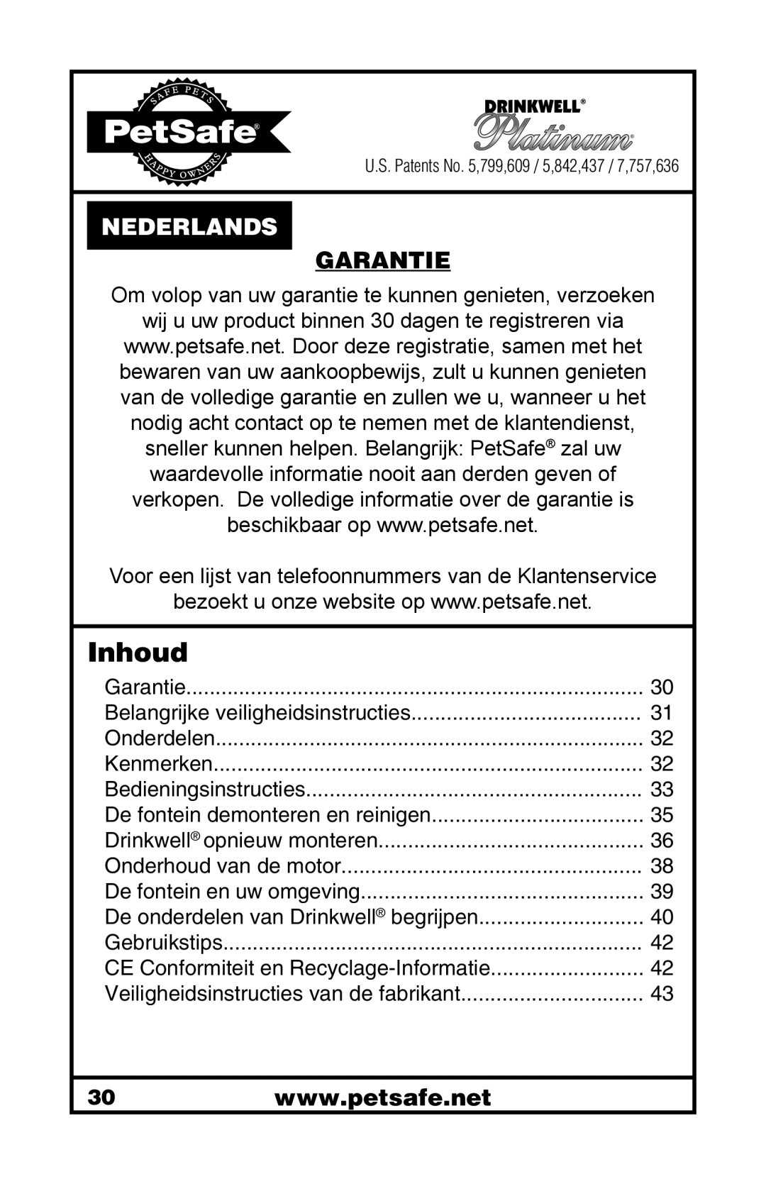 Petsafe 400-1255-19 manuel dutilisation Inhoud, Nederlands, Garantie 