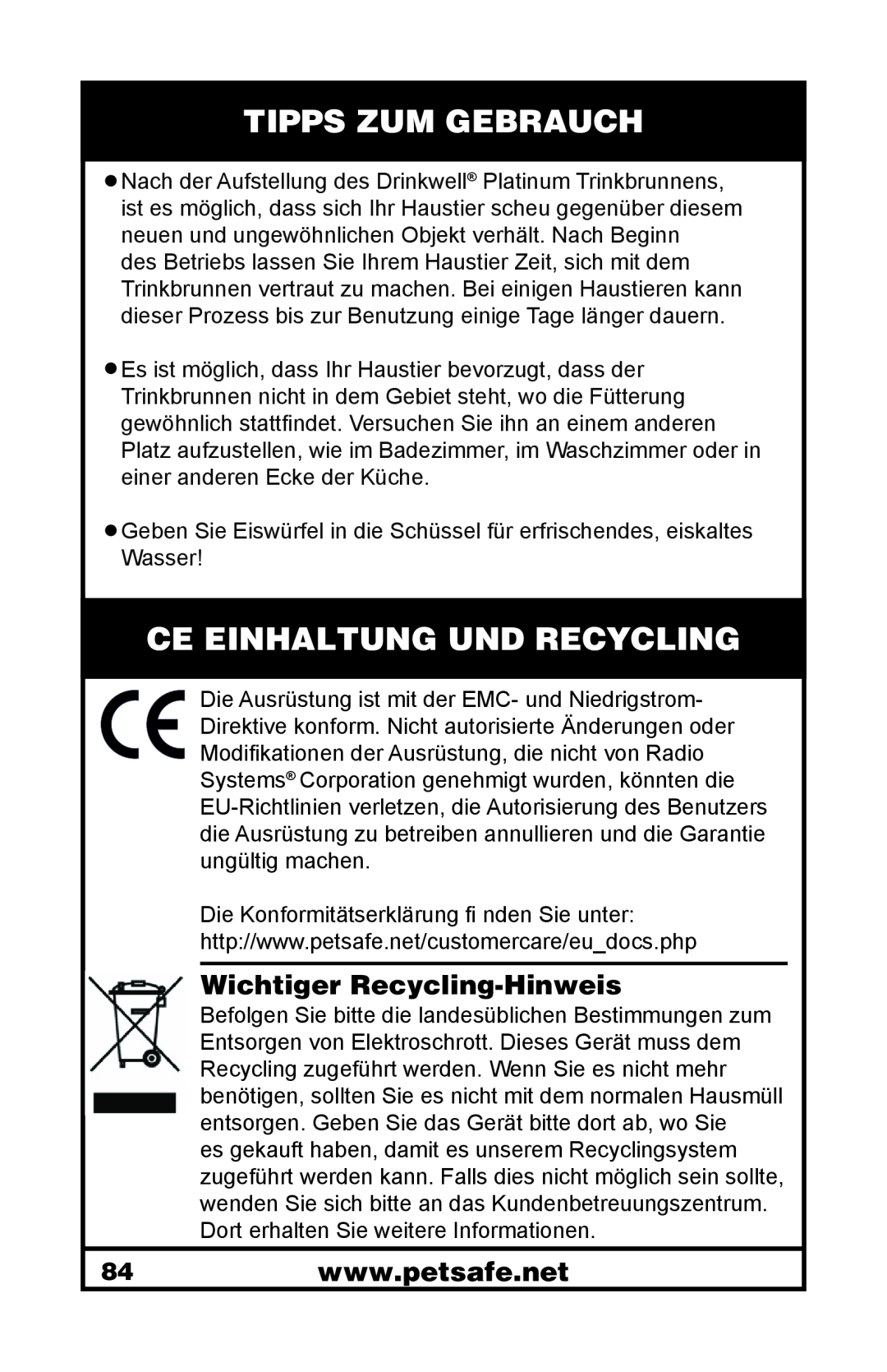 Petsafe 400-1255-19 manuel dutilisation Tipps Zum Gebrauch, Ce Einhaltung Und Recycling, Wichtiger Recycling-Hinweis 