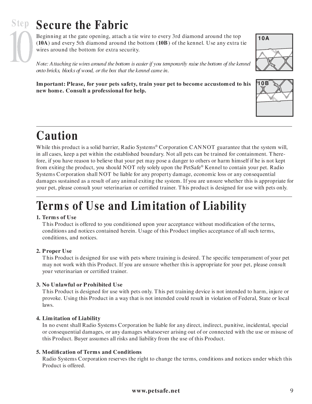 Petsafe Dog Kennel manual Secure the Fabric, Terms of Use and Limitation of Liability 