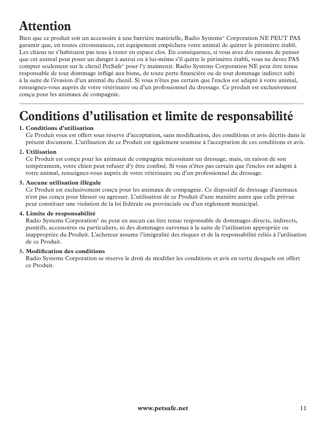 Petsafe E-Z Roof manual Conditions d’utilisation et limite de responsabilité 