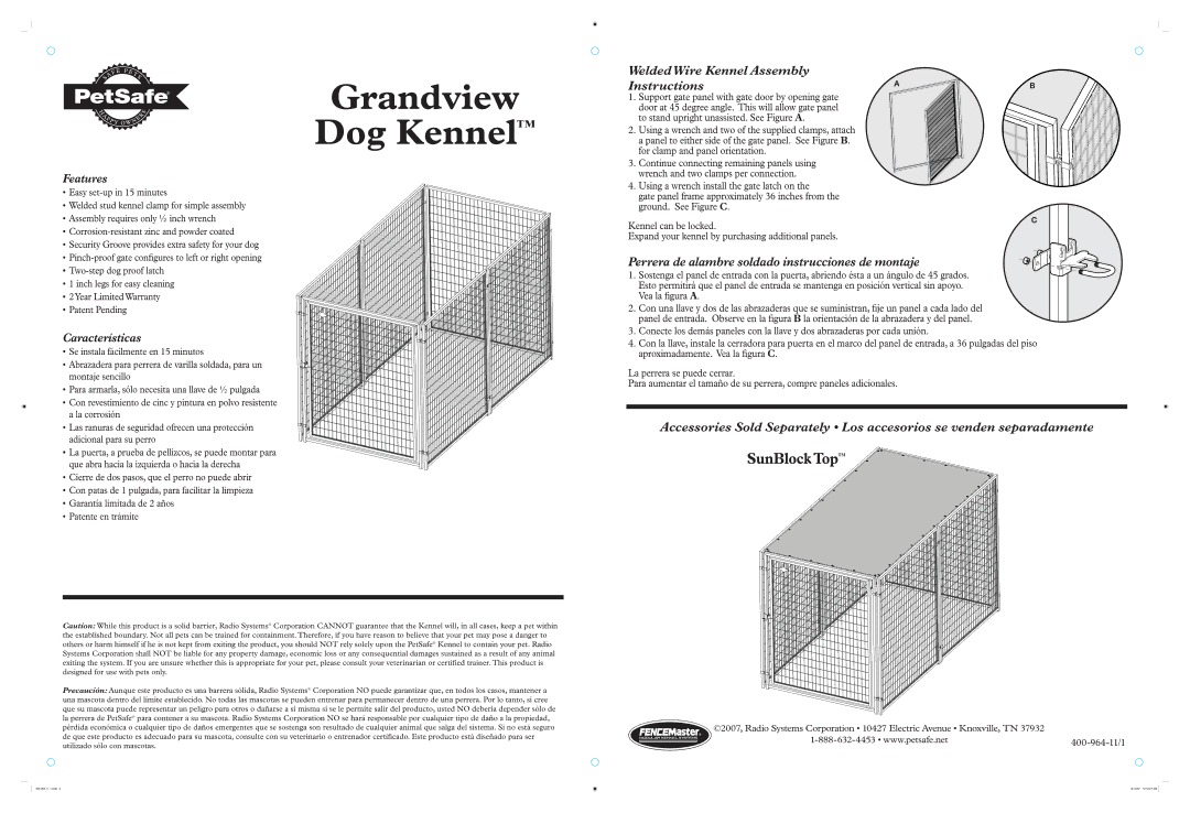 Petsafe HPK11-11288 warranty Grandview Dog Kennel, SunBlock Top, Welded Wire Kennel Assembly Instructions 