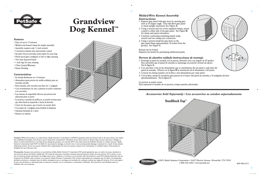 Petsafe HPK11-11288 Grandview Dog Kennel, SunBlock Top, Welded Wire Kennel Assembly, Instructions, Features, 400-964-11/1 