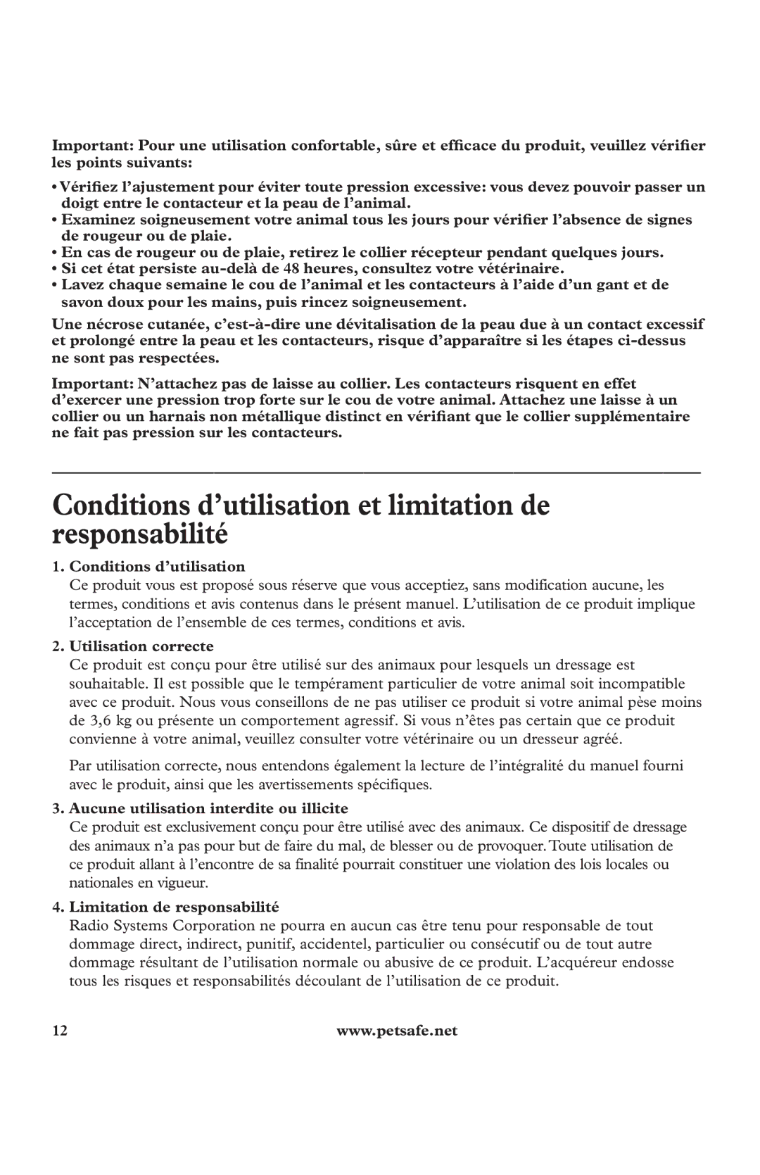 Petsafe In-Ground Fence Kit Conditions d’utilisation et limitation de responsabilité, Utilisation correcte 