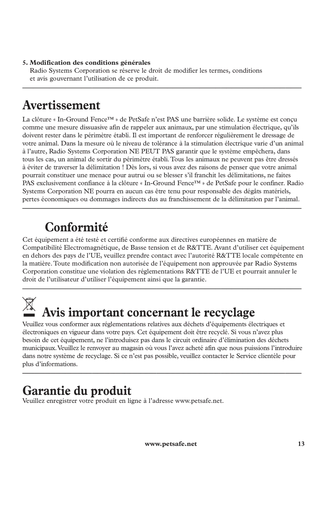 Petsafe In-Ground Fence Kit Avertissement, Conformité, Avis important concernant le recyclage, Garantie du produit 