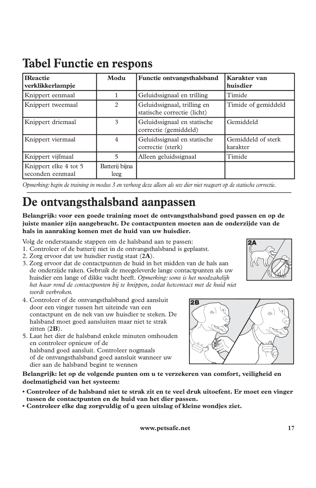 Petsafe In-Ground Fence Kit manuel dutilisation Tabel Functie en respons, De ontvangsthalsband aanpassen 