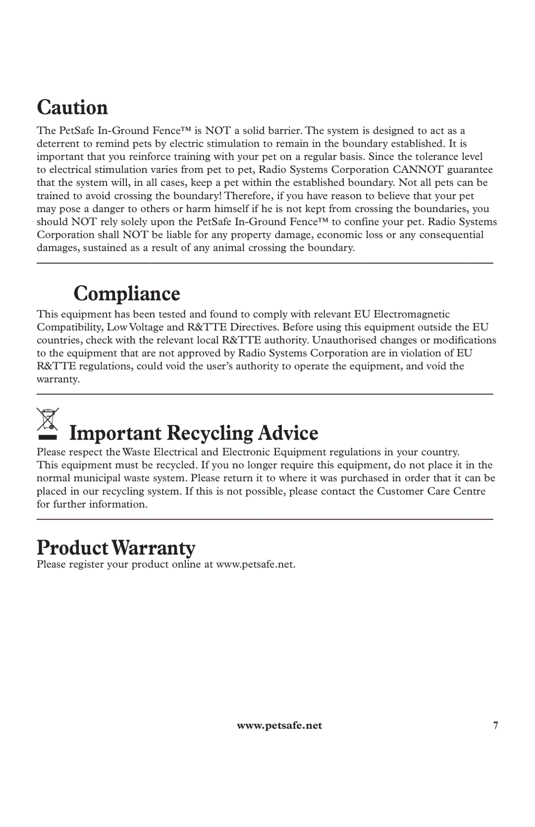 Petsafe In-Ground Fence Kit manuel dutilisation Compliance, Important Recycling Advice, Product Warranty 