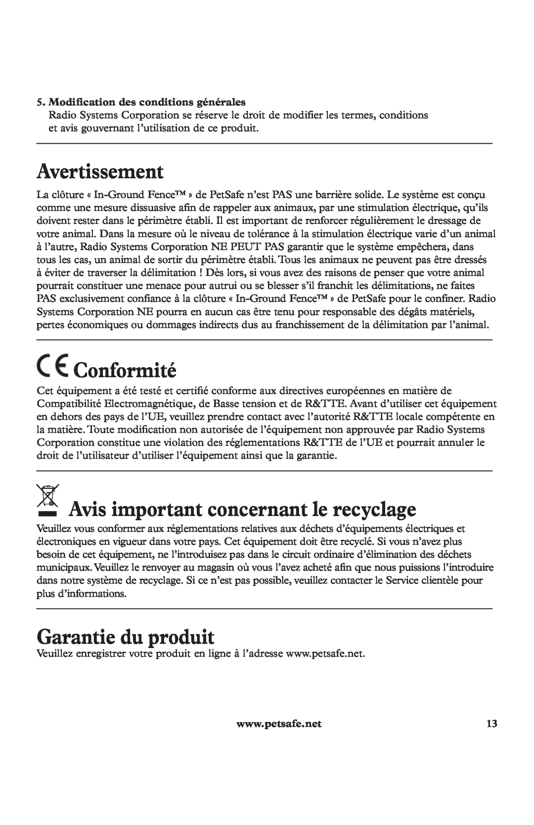 Petsafe In-Ground Fence Kit Avertissement, Conformité, Avis important concernant le recyclage, Garantie du produit 