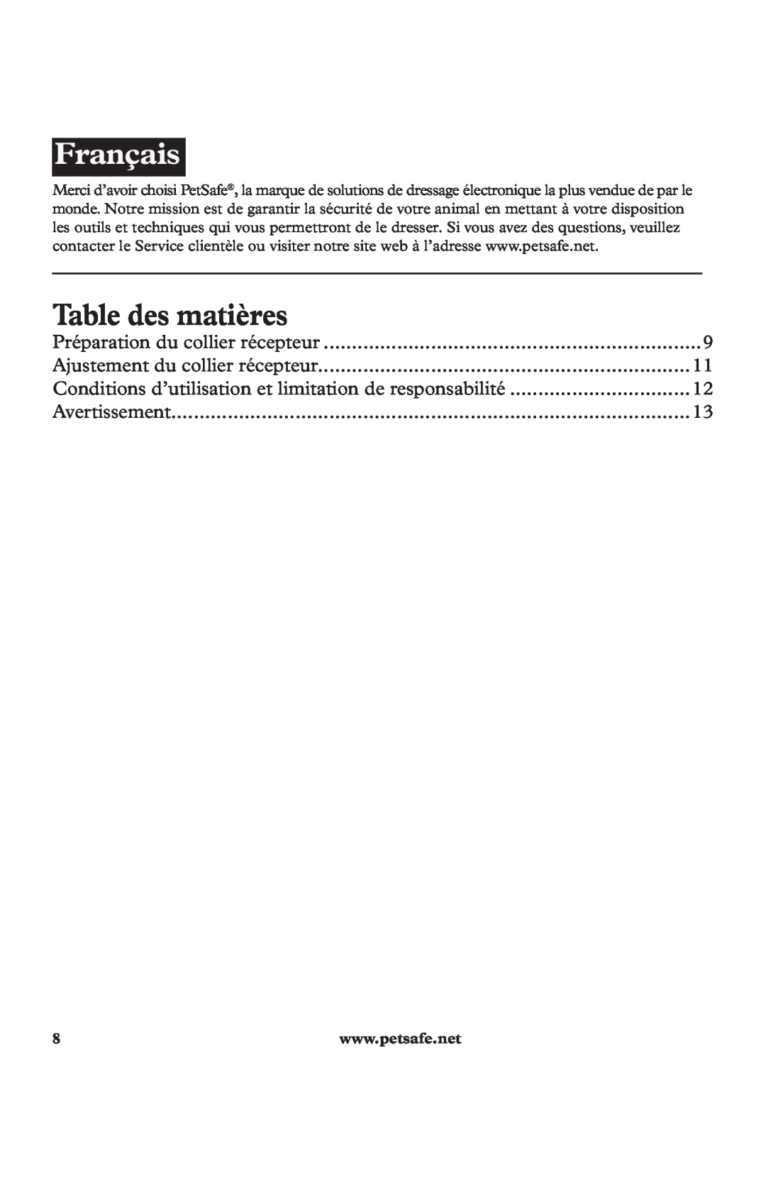 Petsafe In-Ground Fence Kit Français, Table des matières, Préparation du collier récepteur, Avertissement 