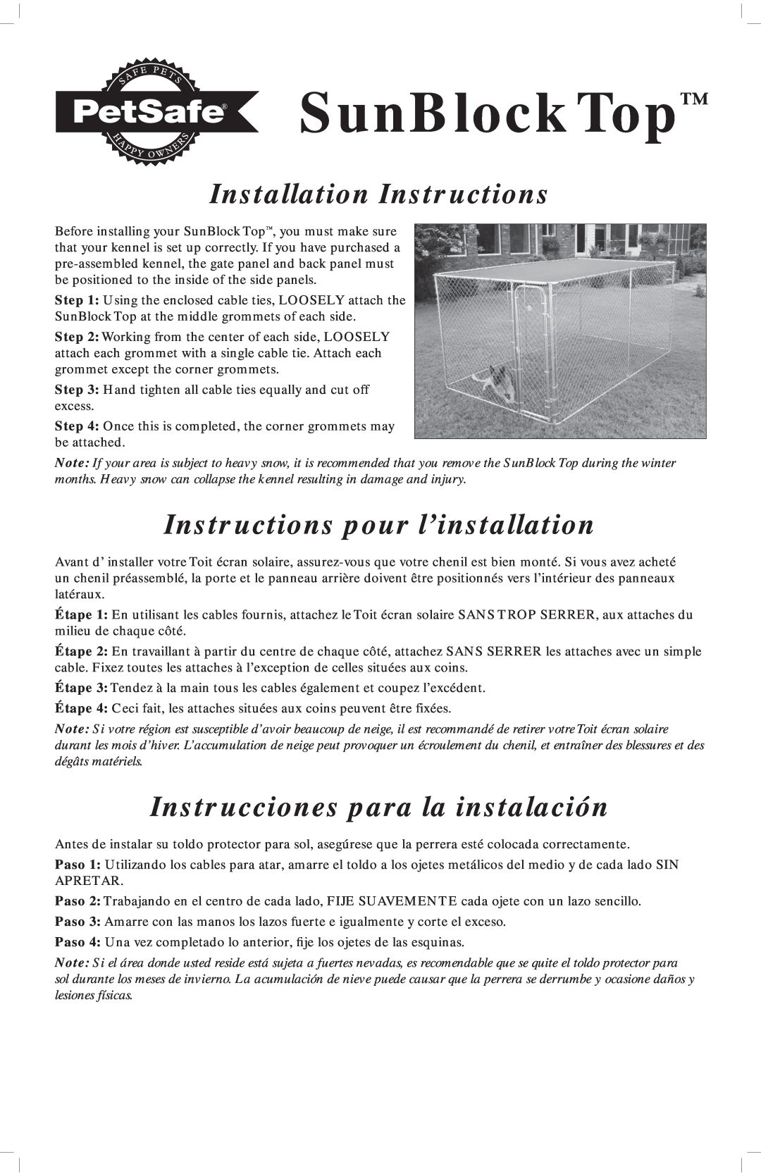 Petsafe Kennel Accessory manual SunBlock Top, Installation Instructions, Instructions pour l’installation 