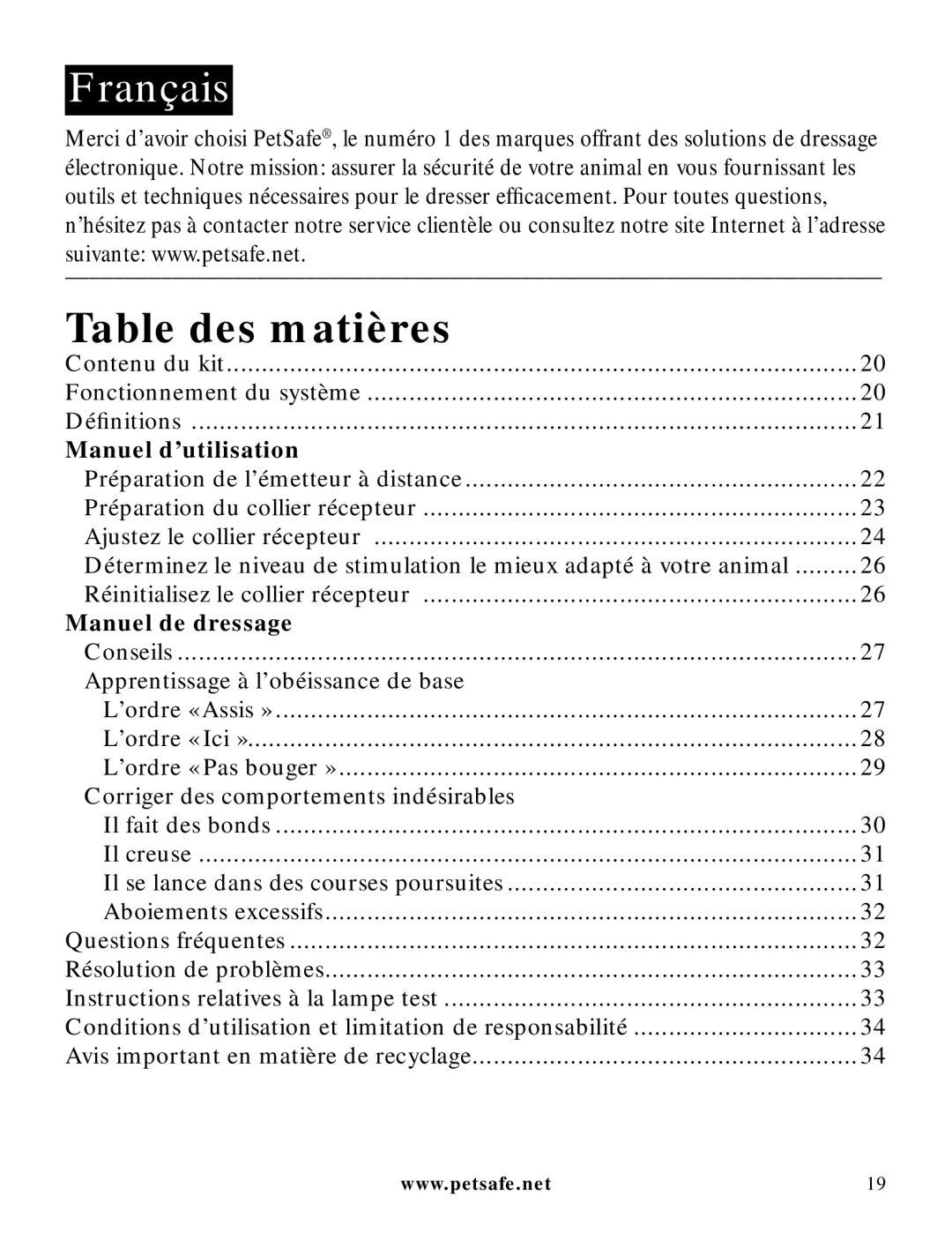 Petsafe LDT-433 manuel dutilisation Français, Table des matières 