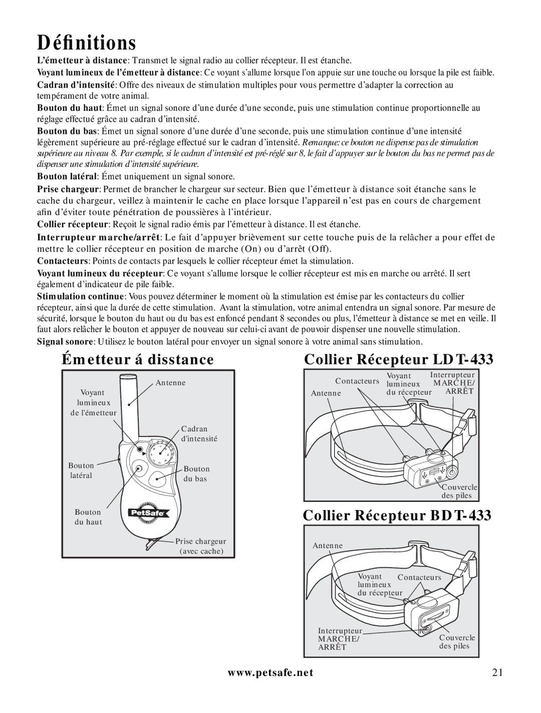 Petsafe LDT-433 manuel dutilisation Déﬁnitions, Émetteur á disstance 