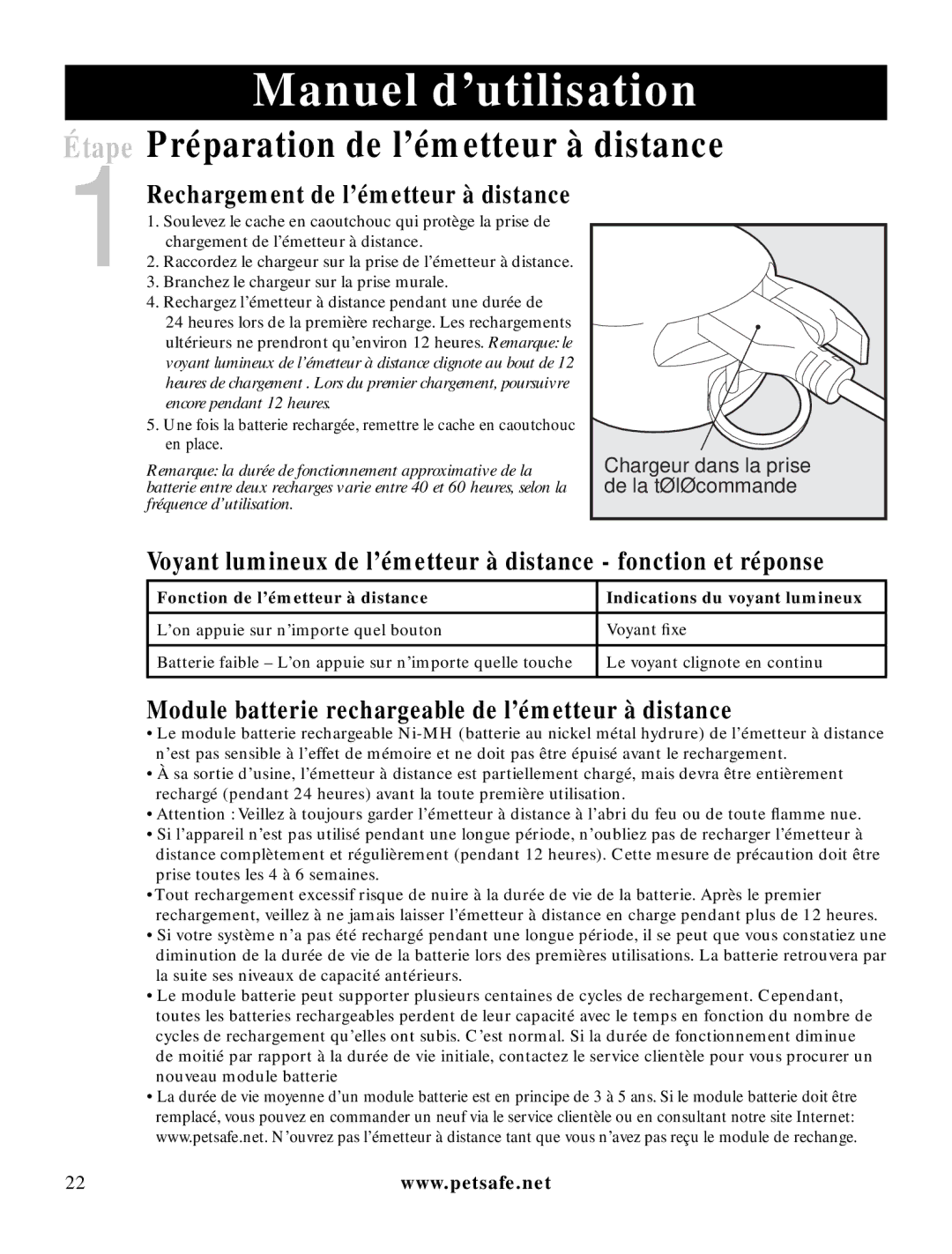 Petsafe LDT-433 manuel dutilisation Étape Préparation de l’émetteur à distance, 1Rechargement de l’émetteur à distance 