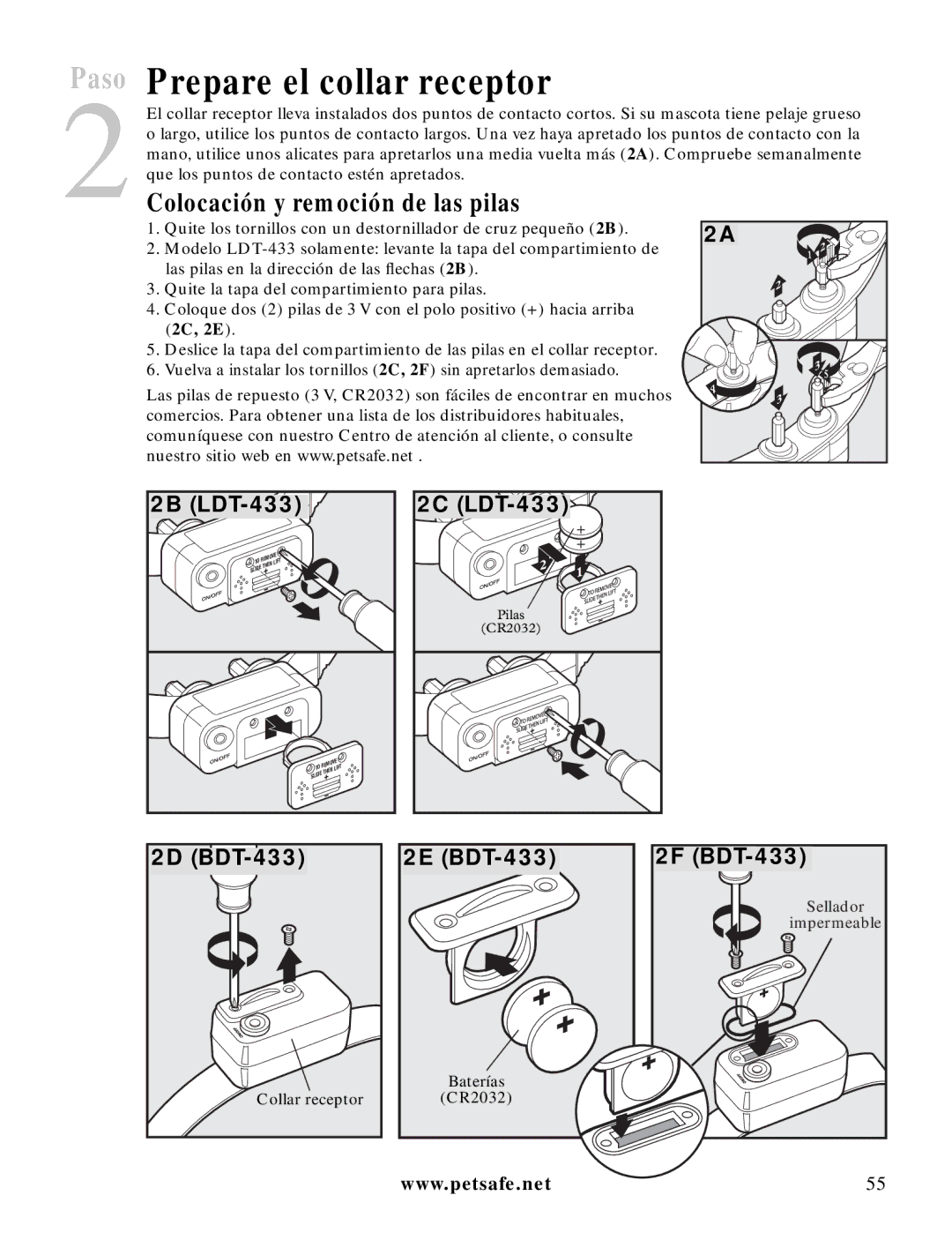 Petsafe LDT-433 manuel dutilisation Prepare el collar receptor, Colocación y remoción de las pilas 