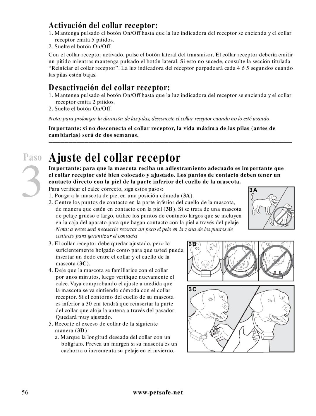 Petsafe LDT-433 Ajuste del collar receptor, Activación del collar receptor, Desactivación del collar receptor 