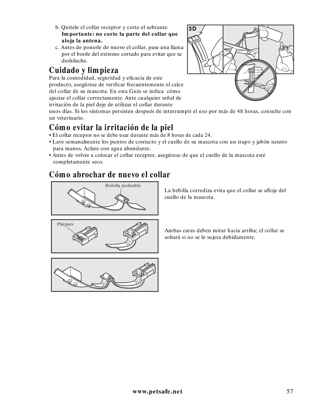 Petsafe LDT-433 Cuidado y limpieza, Cómo evitar la irritación de la piel, Cómo abrochar de nuevo el collar 