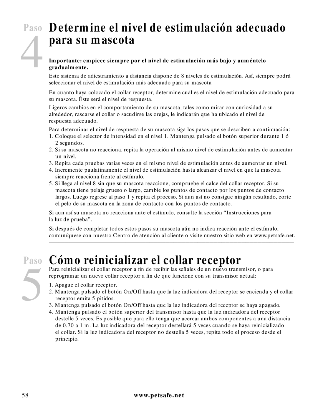 Petsafe LDT-433 Determine el nivel de estimulación adecuado para su mascota, Cómo reinicializar el collar receptor 