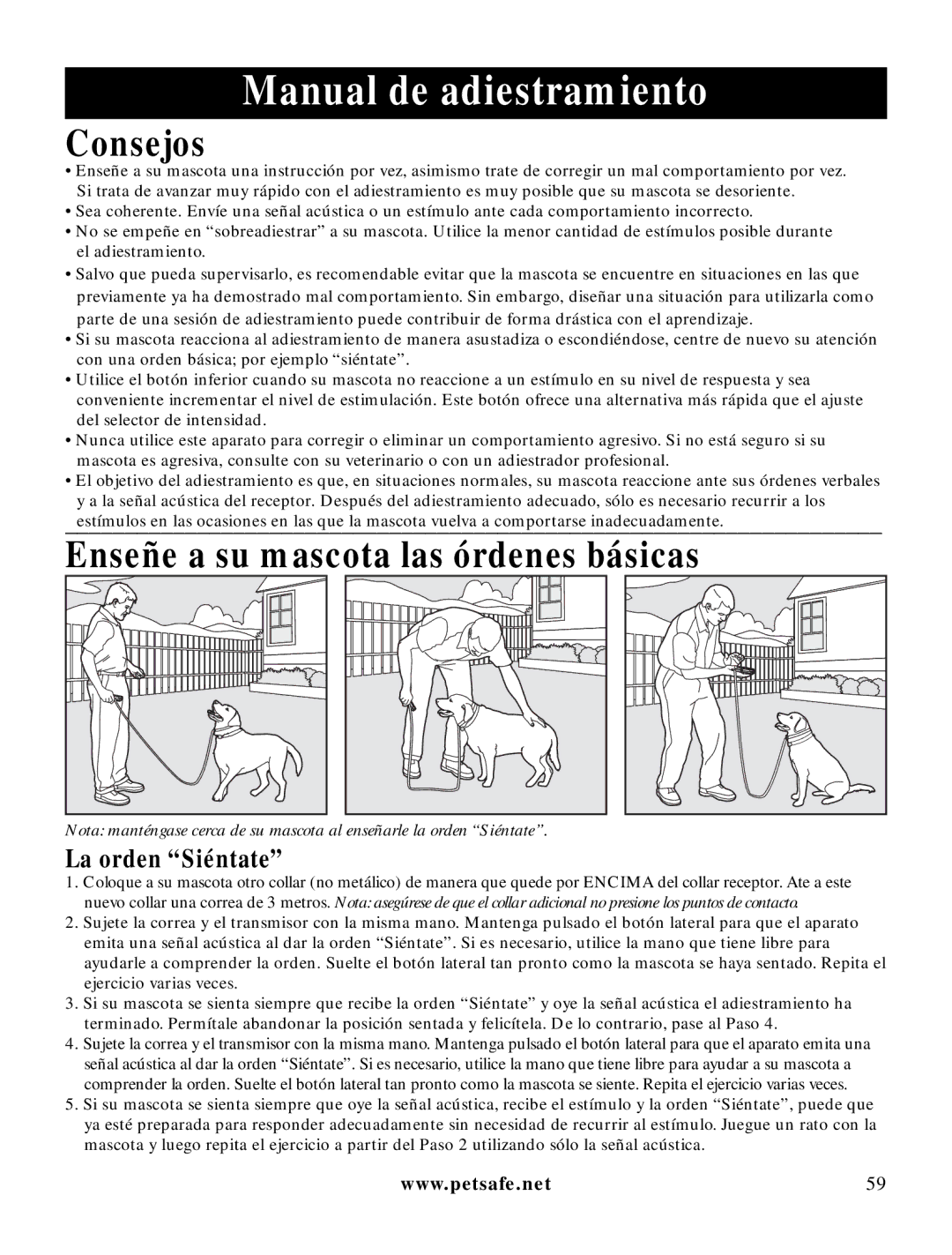 Petsafe LDT-433 Manual de adiestramiento, Consejos, Enseñe a su mascota las órdenes básicas, La orden Siéntate 