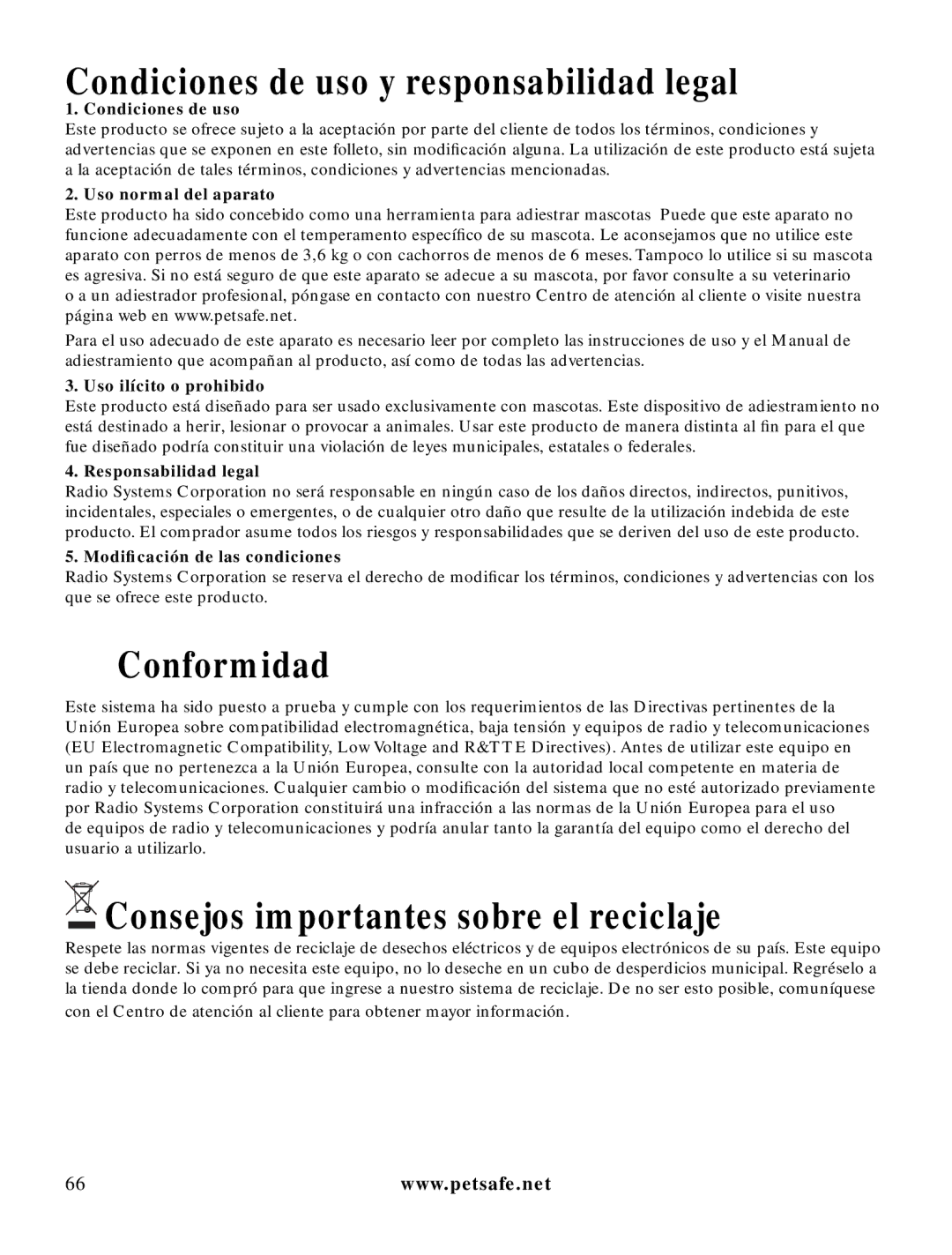 Petsafe LDT-433 manuel dutilisation Condiciones de uso y responsabilidad legal, Conformidad 