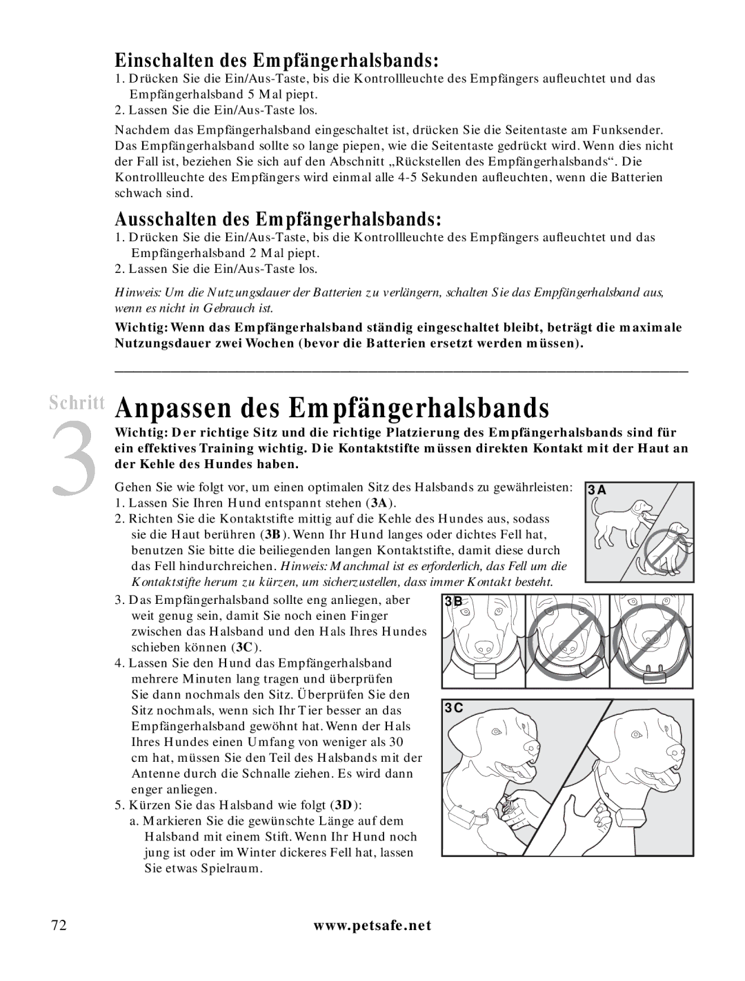 Petsafe LDT-433 Anpassen des Empfängerhalsbands, Einschalten des Empfängerhalsbands, Ausschalten des Empfängerhalsbands 