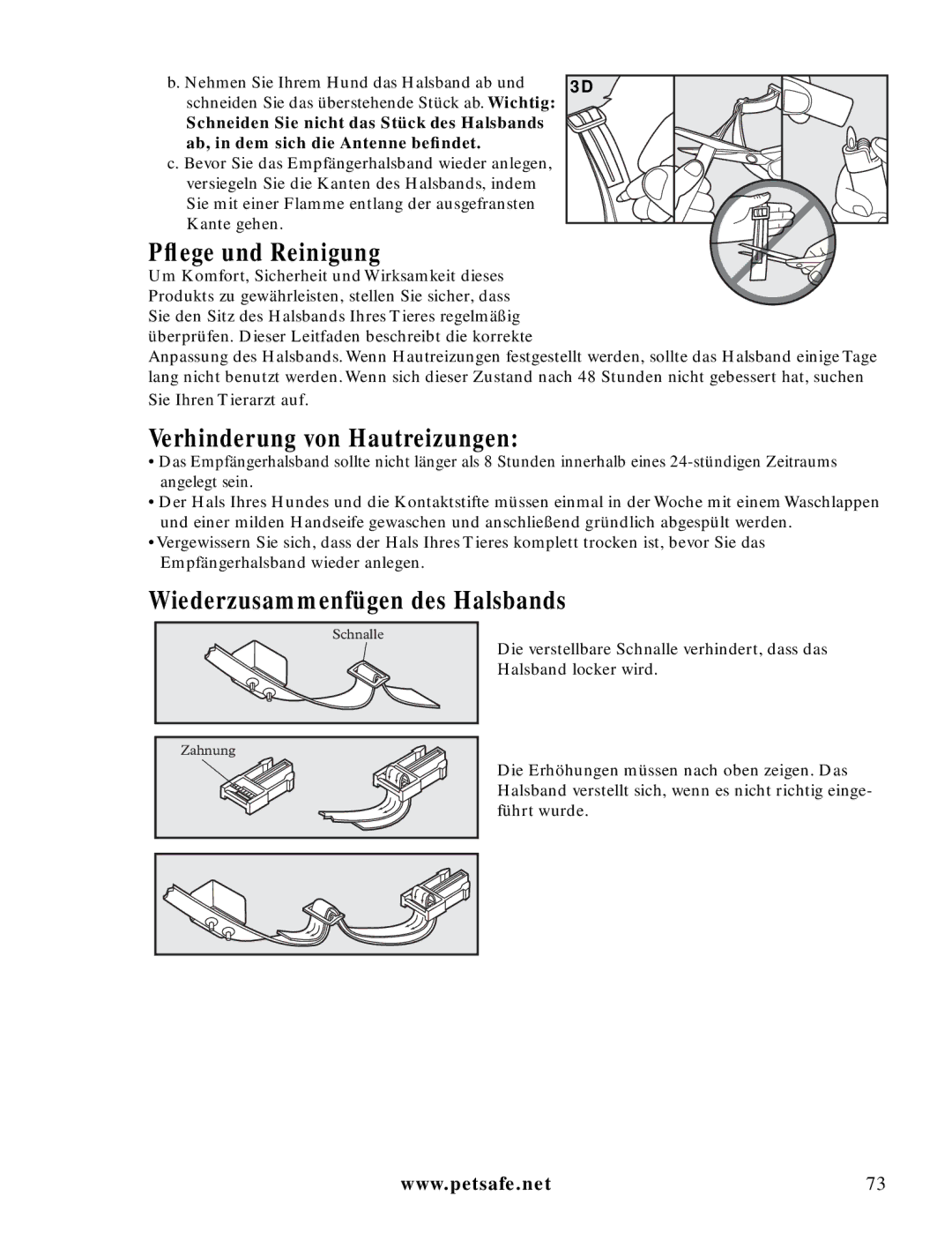 Petsafe LDT-433 manuel dutilisation Pﬂege und Reinigung, Verhinderung von Hautreizungen, Wiederzusammenfügen des Halsbands 