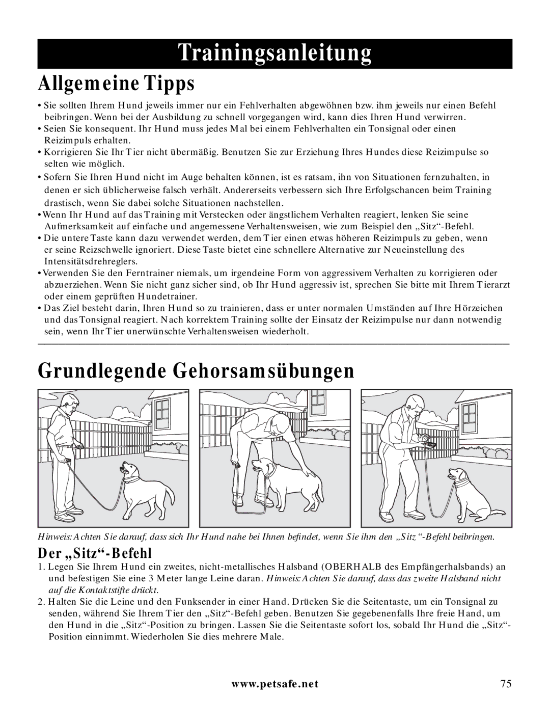 Petsafe LDT-433 manuel dutilisation Trainingsanleitung, Allgemeine Tipps, Grundlegende Gehorsamsübungen, Der „Sitz-Befehl 