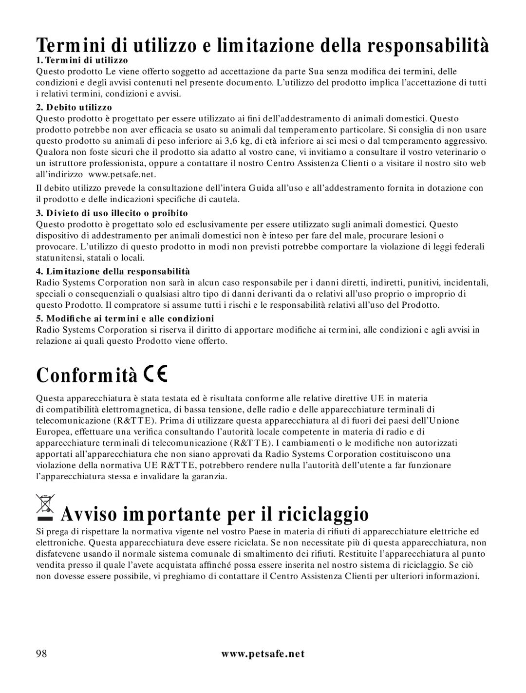 Petsafe LDT-433 Termini di utilizzo e limitazione della responsabilità, Conformità, Avviso importante per il riciclaggio 