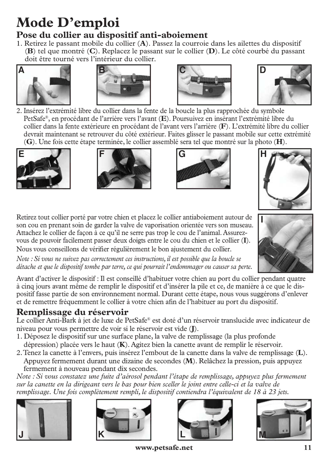 Petsafe pbc12104 manuel dutilisation Mode D’emploi, Pose du collier au dispositif anti-aboiement, Remplissage du réservoir 