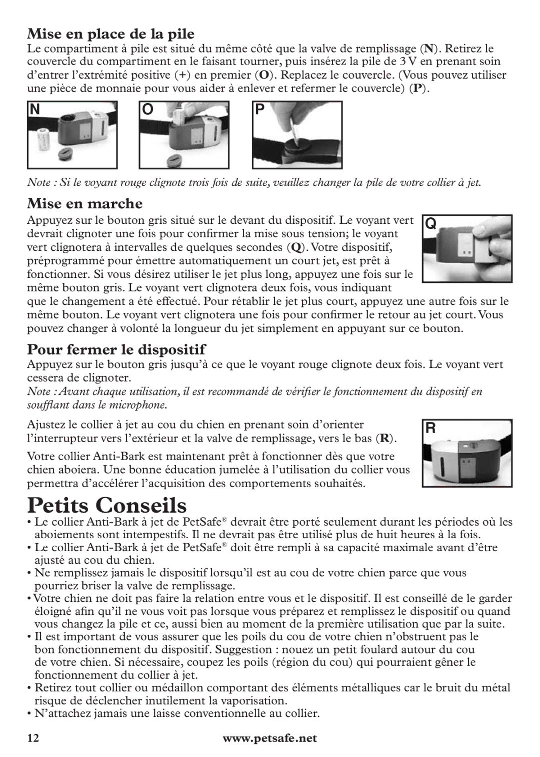 Petsafe pbc12104 manuel dutilisation Petits Conseils, Mise en place de la pile, Mise en marche, Pour fermer le dispositif 