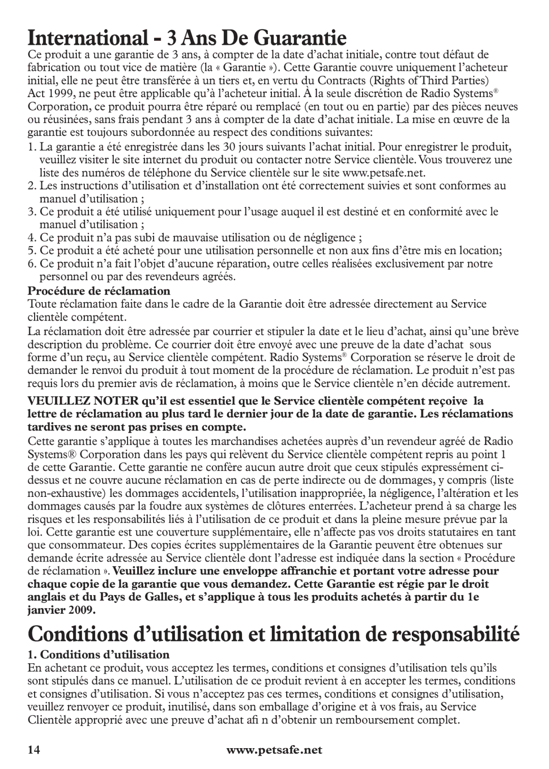 Petsafe pbc12104 International 3 Ans De Guarantie, Conditions d’utilisation et limitation de responsabilité 