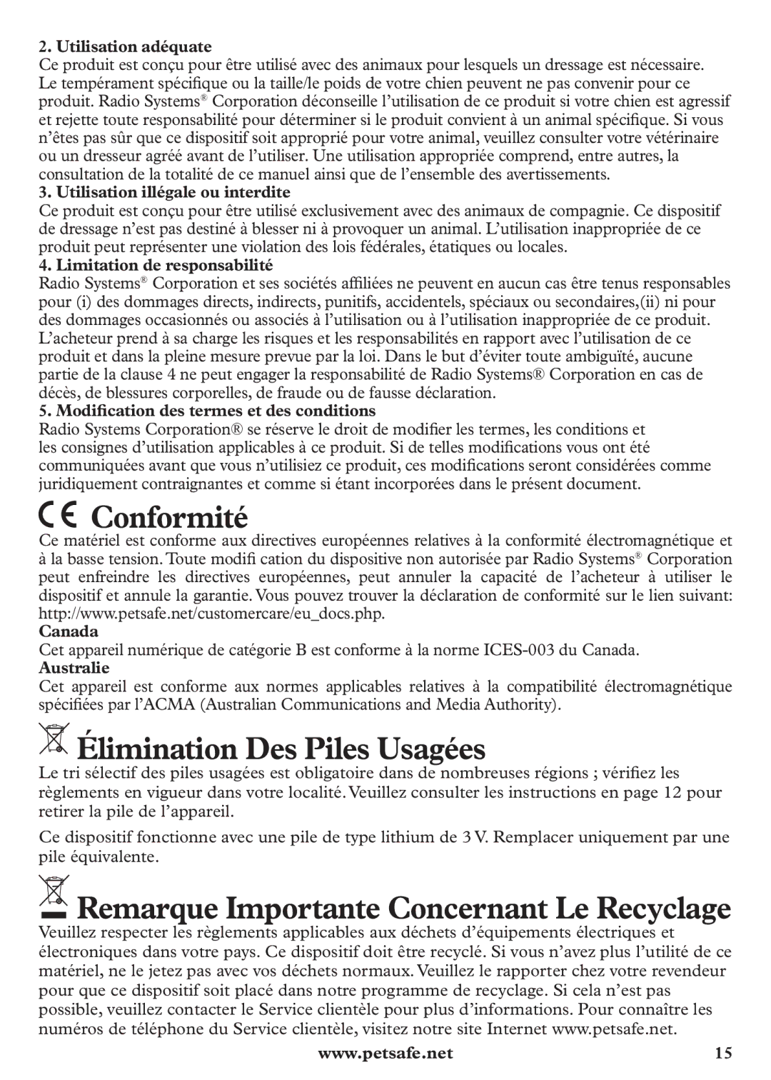 Petsafe pbc12104 manuel dutilisation Conformité, Élimination Des Piles Usagées, Remarque Importante Concernant Le Recyclage 