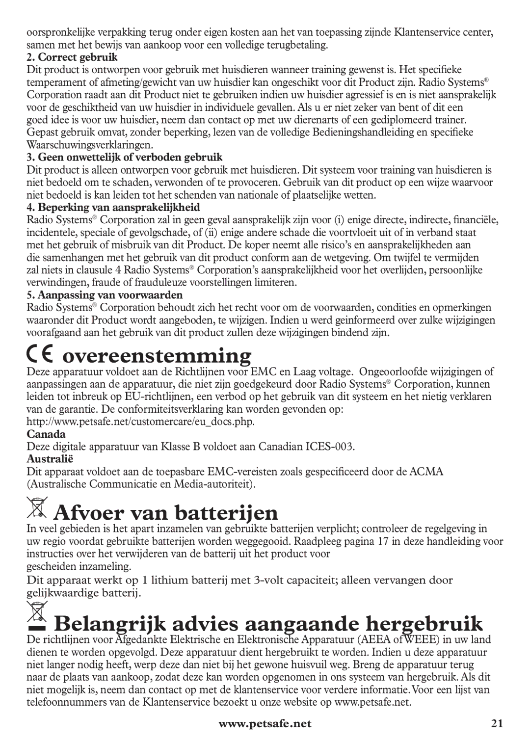 Petsafe pbc12104 manuel dutilisation Overeenstemming, Afvoer van batterijen, Belangrijk advies aangaande hergebruik 