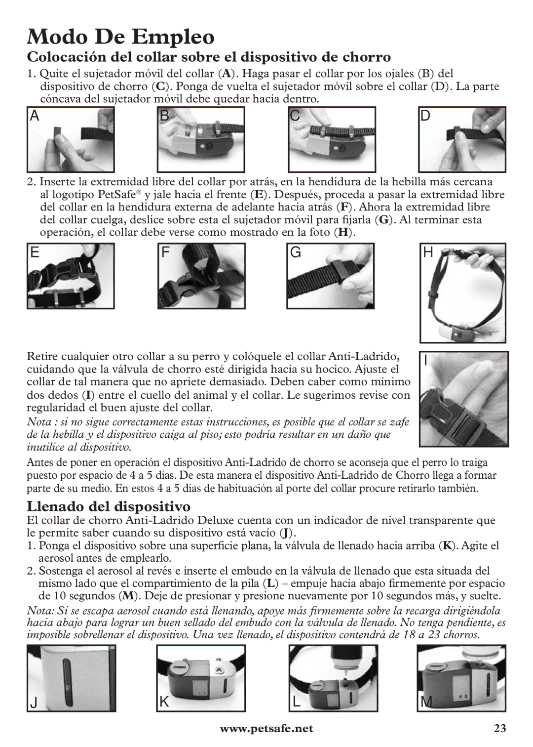 Petsafe pbc12104 Modo De Empleo, Colocación del collar sobre el dispositivo de chorro, Llenado del dispositivo 