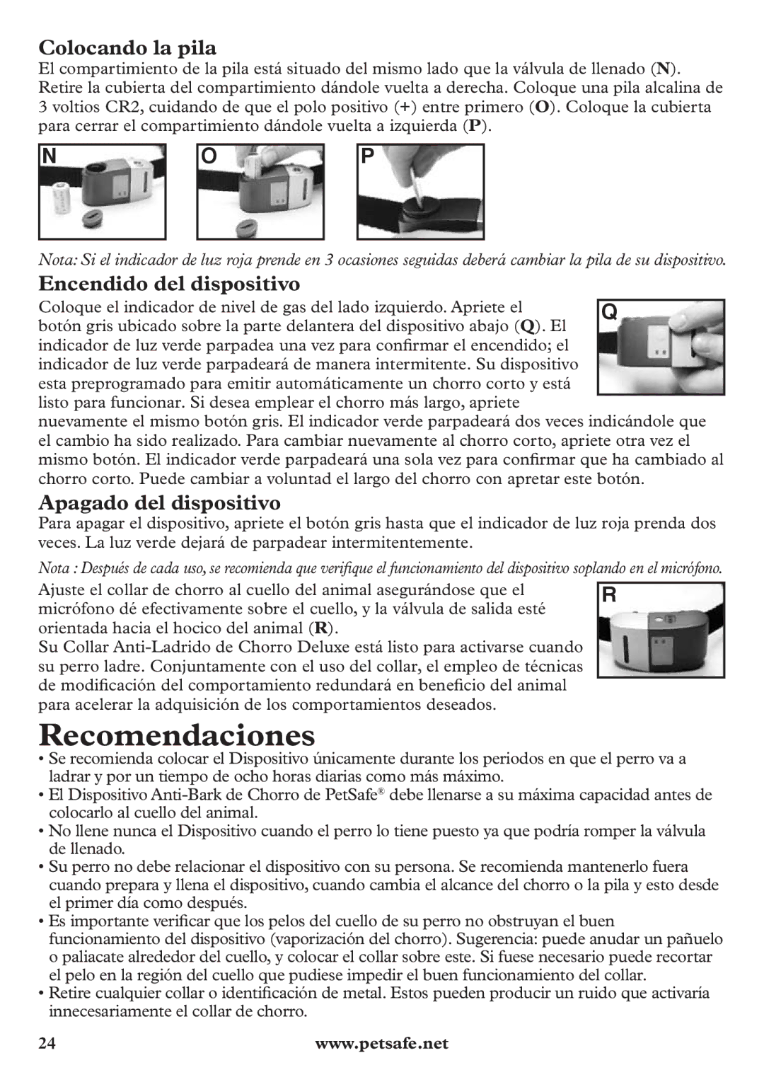 Petsafe pbc12104 manuel dutilisation Recomendaciones, Colocando la pila, Encendido del dispositivo, Apagado del dispositivo 