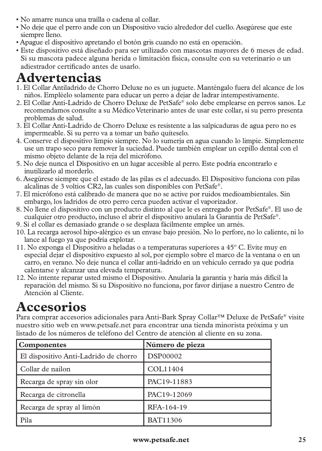 Petsafe pbc12104 manuel dutilisation Advertencias, Accesorios, Componentes Número de pieza 