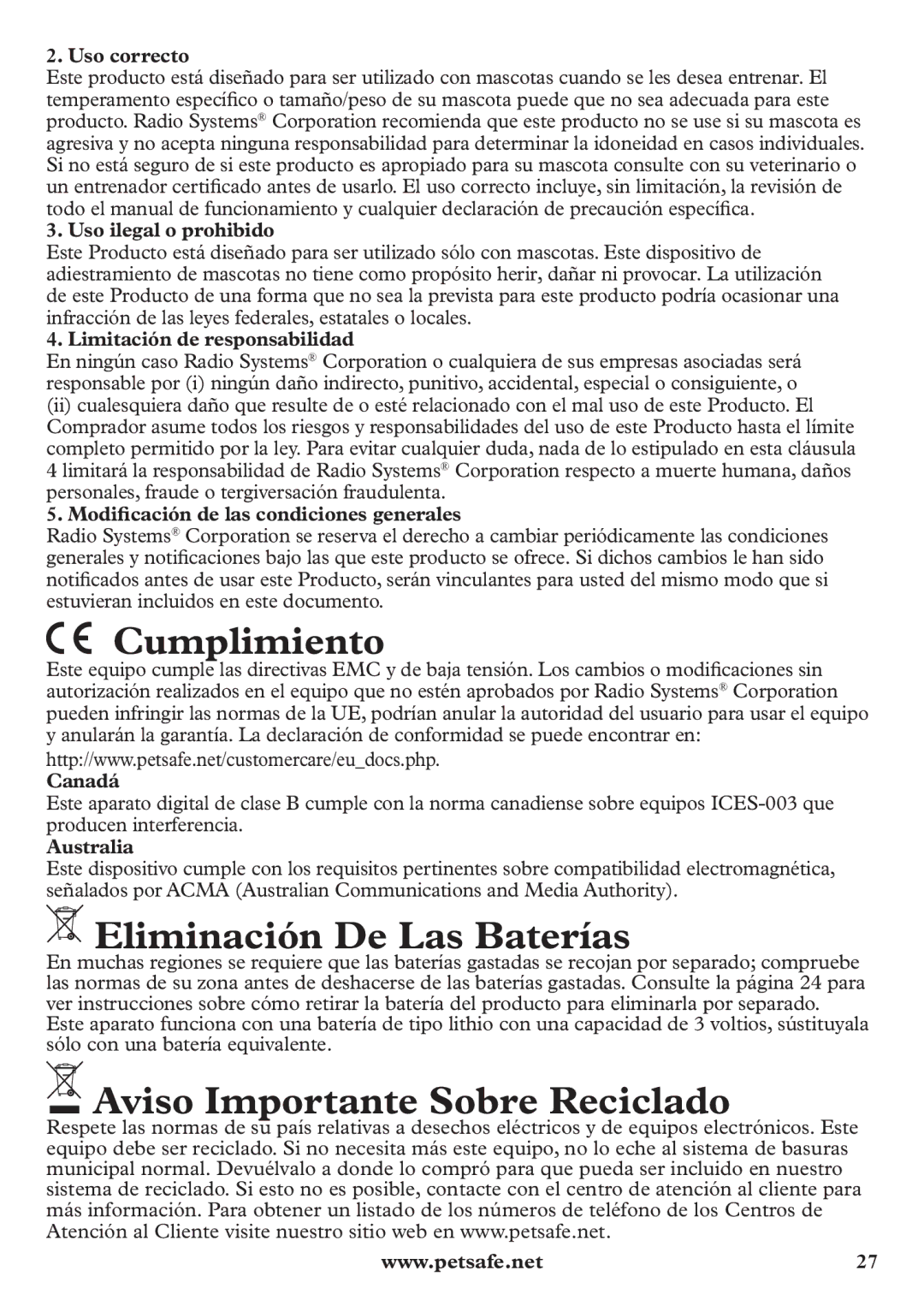 Petsafe pbc12104 manuel dutilisation Cumplimiento, Eliminación De Las Baterías, Aviso Importante Sobre Reciclado 