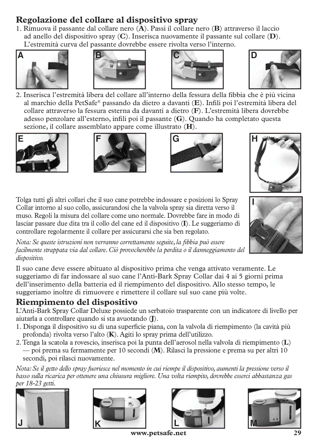 Petsafe pbc12104 manuel dutilisation Regolazione del collare al dispositivo spray, Riempimento del dispositivo 