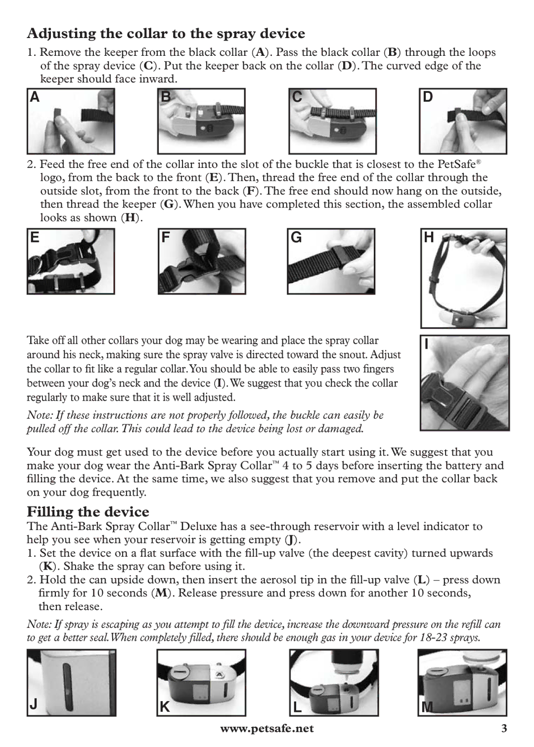 Petsafe pbc12104 manuel dutilisation Adjusting the collar to the spray device, Filling the device 