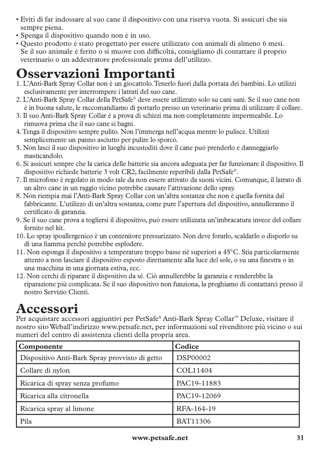 Petsafe pbc12104 manuel dutilisation Osservazioni Importanti, Accessori, Componente Codice 