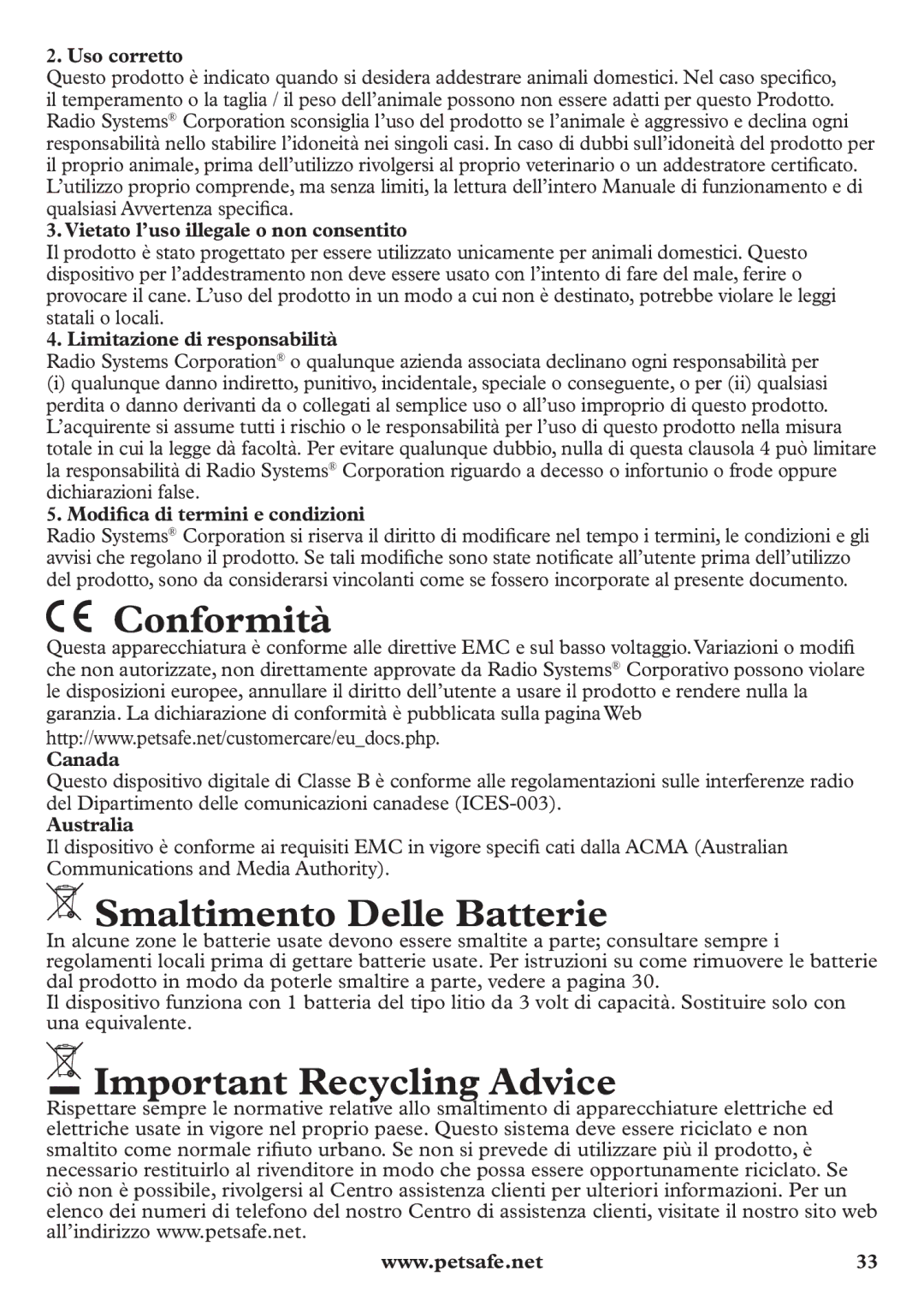 Petsafe pbc12104 manuel dutilisation Conformità, Smaltimento Delle Batterie 