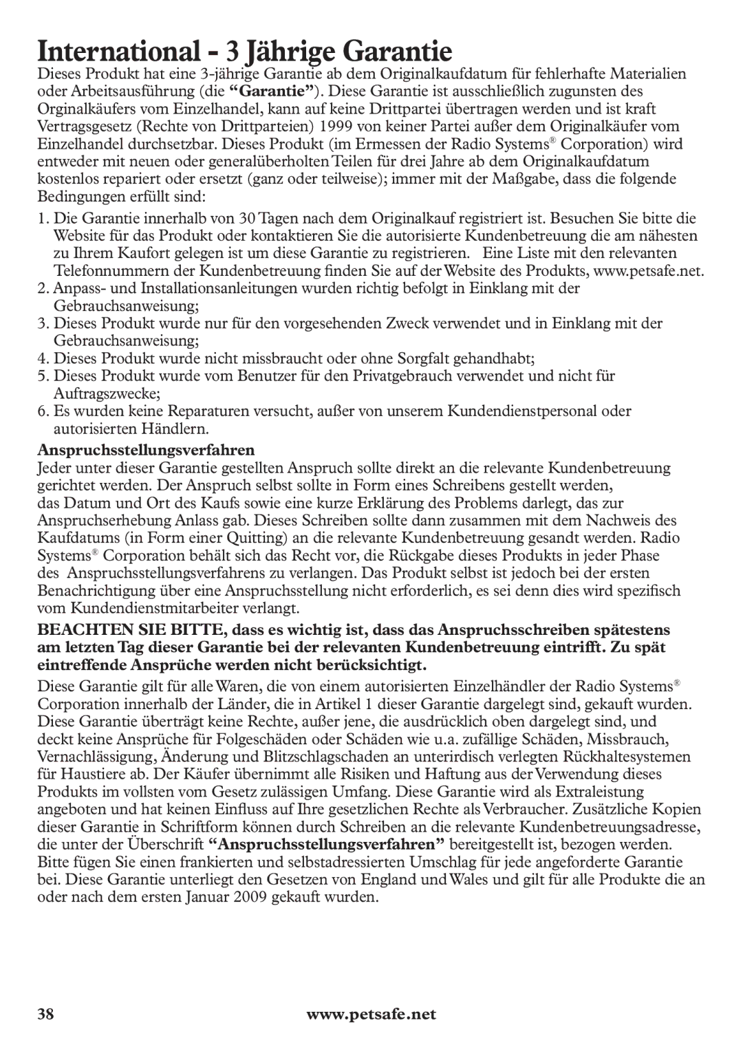 Petsafe pbc12104 manuel dutilisation International 3 Jährige Garantie, Anspruchsstellungsverfahren 