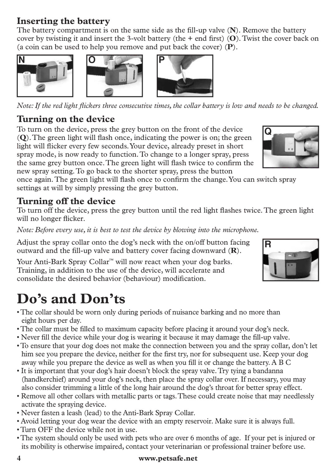 Petsafe pbc12104 manuel dutilisation Do’s and Don’ts, Inserting the battery, Turning on the device, Turning off the device 