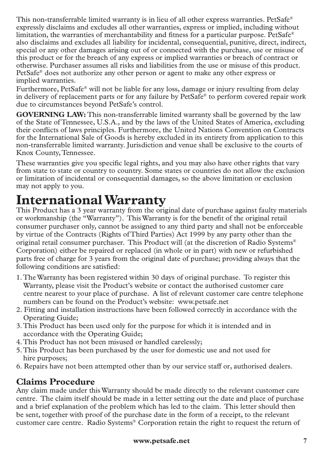 Petsafe pbc12104 manuel dutilisation International Warranty, Claims Procedure 