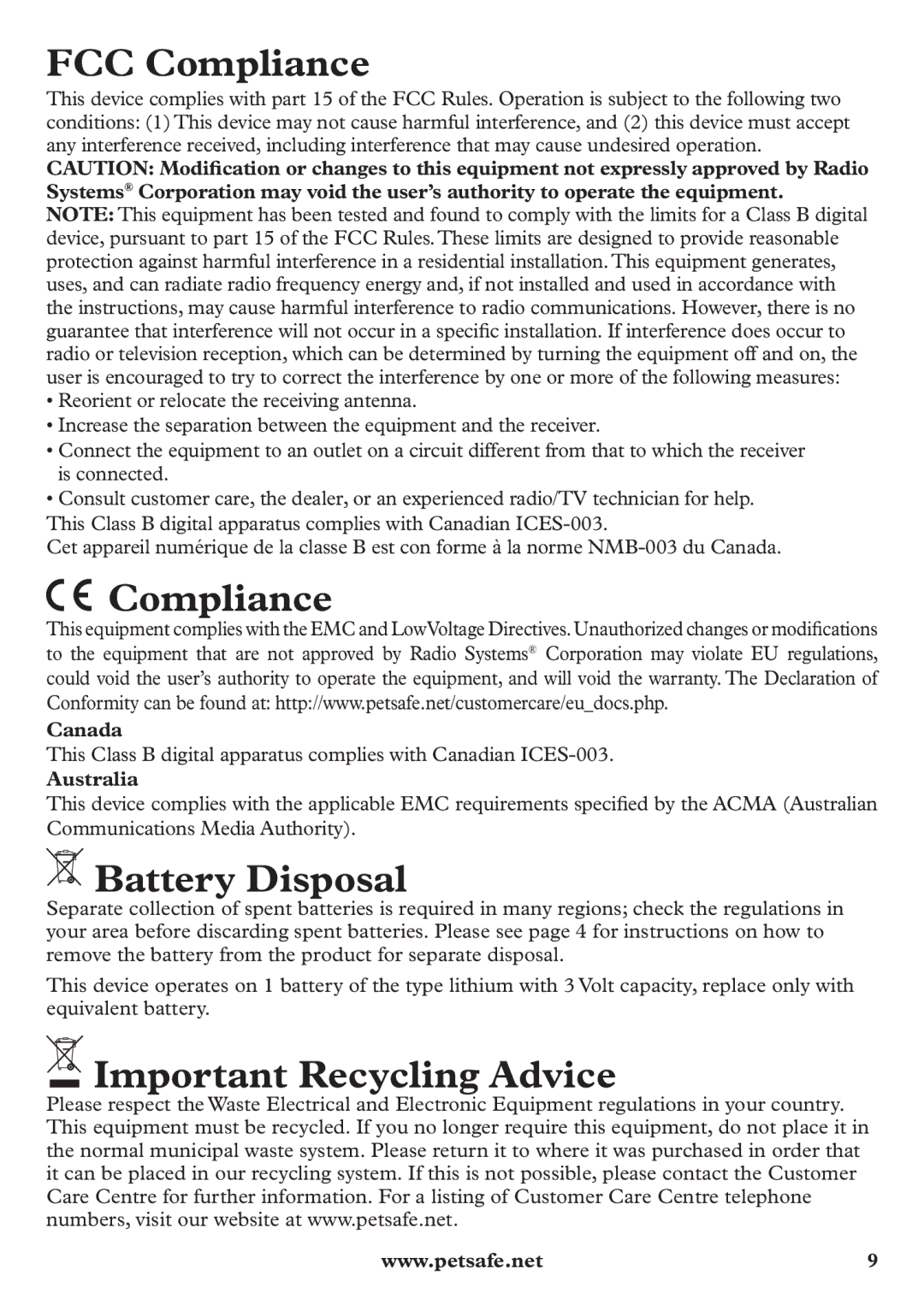 Petsafe pbc12104 manuel dutilisation FCC Compliance, Battery Disposal, Important Recycling Advice 