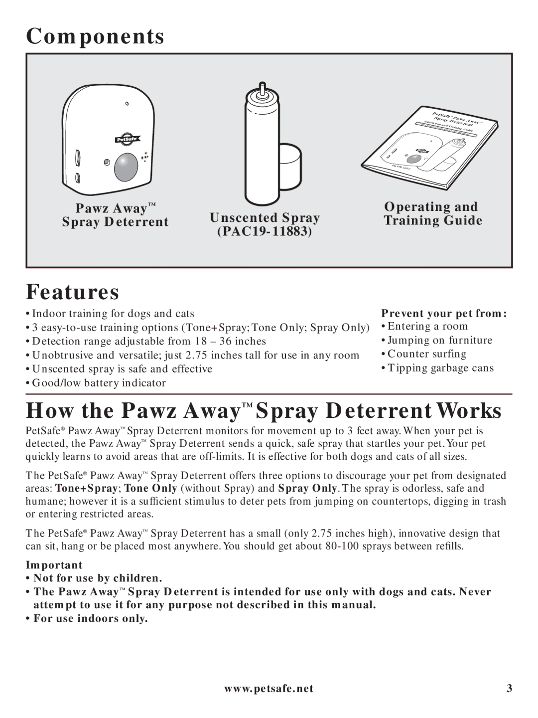 Petsafe PDT00-11312 manual Components, Features, How the Pawz Away Spray Deterrent Works 