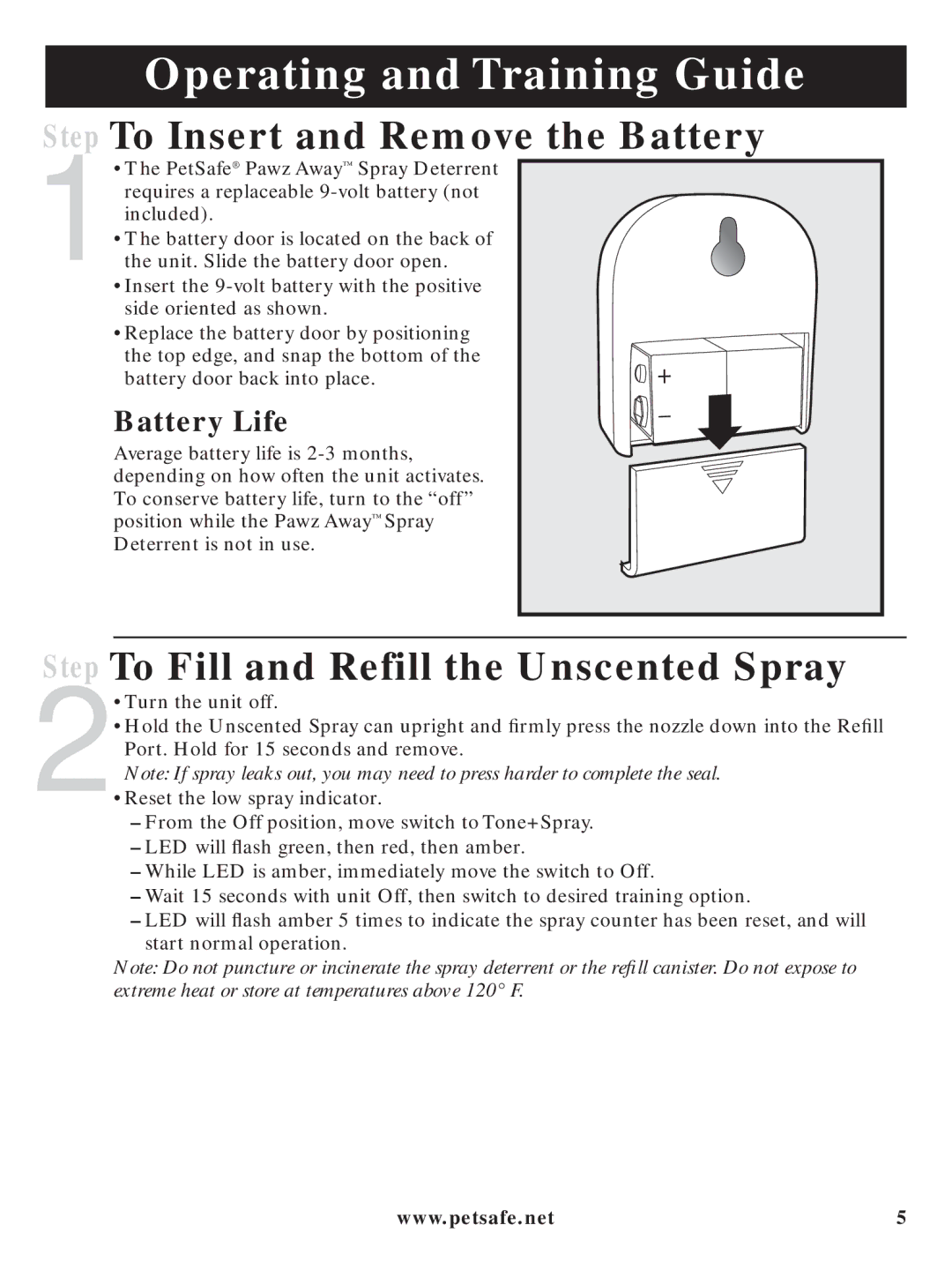 Petsafe PDT00-11312 manual Step To Insert and Remove the Battery, Step To Fill and Refill the Unscented Spray 