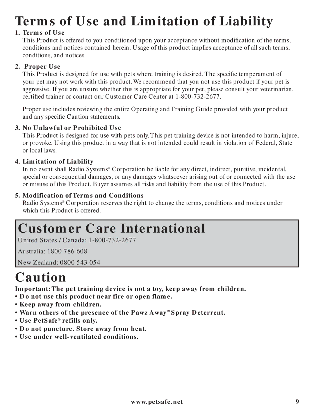 Petsafe PDT00-11312 manual Terms of Use and Limitation of Liability, Customer Care International 