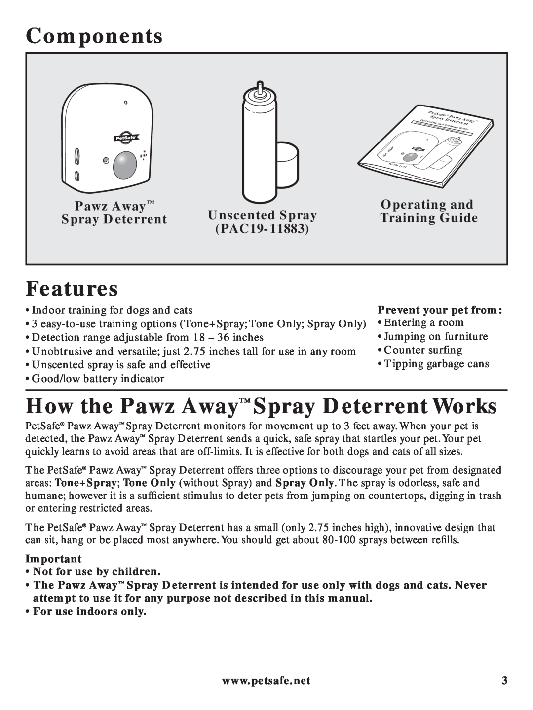 Petsafe PDT00-11312 manual Components, Features, How the Pawz Away Spray Deterrent Works, PAC19-11883 