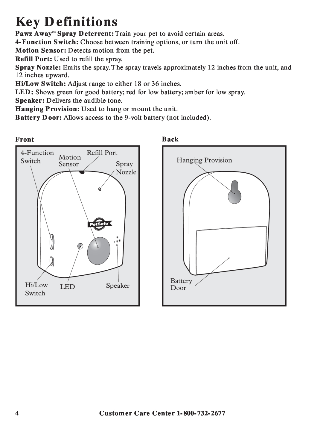 Petsafe PDT00-11312 manual Key Definitions, Front, Back 